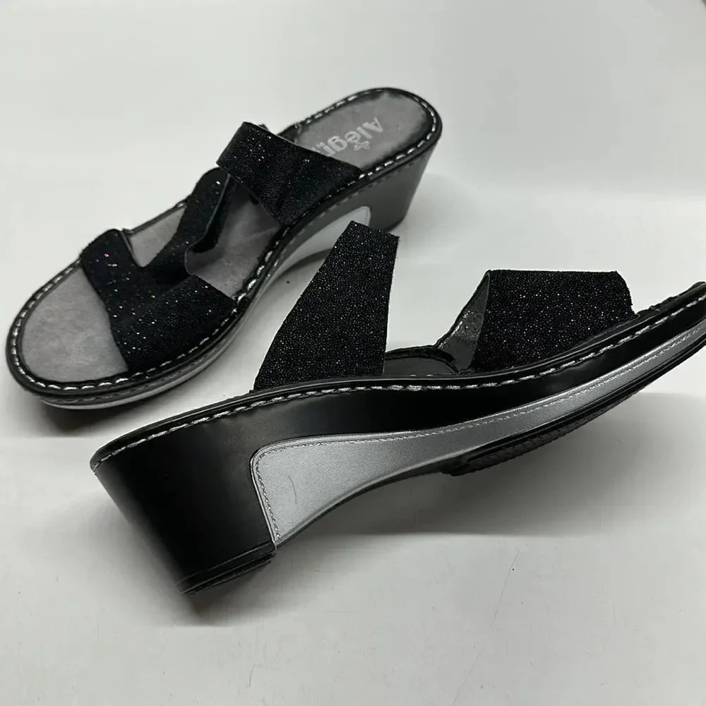 Alegria Loti Sandals Wedges Shoes Black Leather Sparkle Glitter New Size 38 8